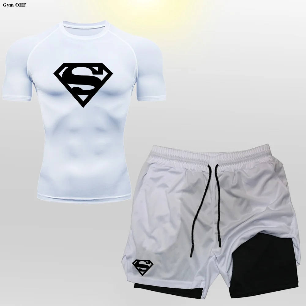 Super/Hero Men's Compression Shirts 2 in 1 Shorts Set Man Sportswear Fitness Gym Workout Rash Guard Kits Quick Dry Shirt