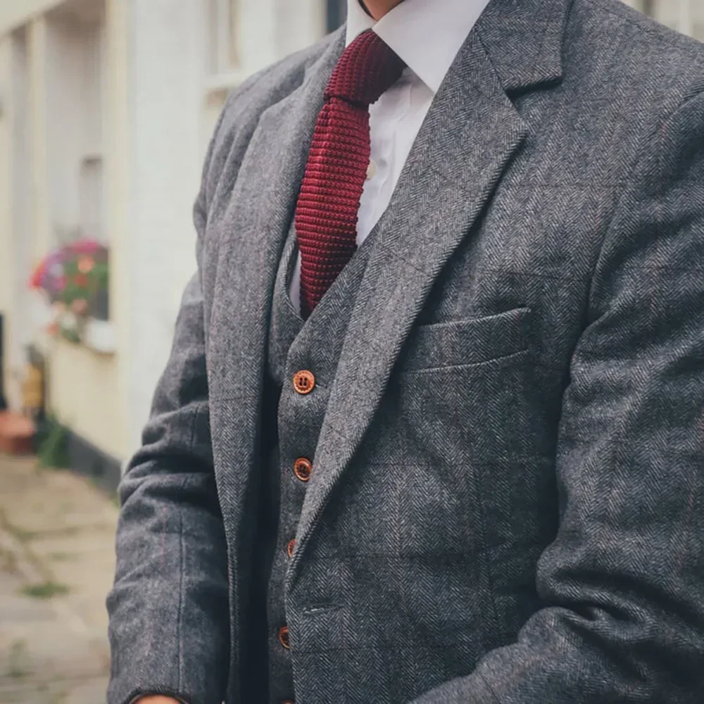 Wool Herringbone Wedding Suits For Men Gentleman 3 Pcs Tweed Groom Wedding Tuxedo 2024 Business Suit Jacket With Vest Pants