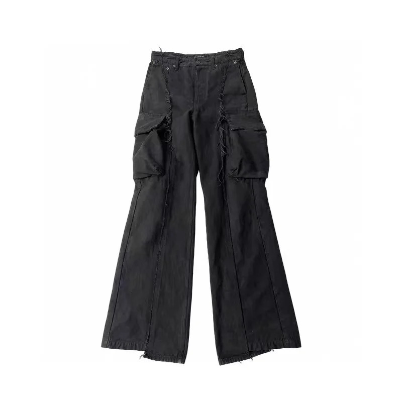 Multipocket Vujade Tassel Washed Do Old Jeans Black Cargo Pants Men Women Hip Hop Midwaist Casual Loose Flared Trousers 241011