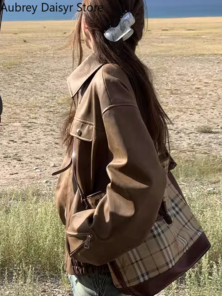 Autumn Brown Women Streetwear Moto Biker Zipper Coat Female Winter Warm Punk Style Leather Jacket 2023