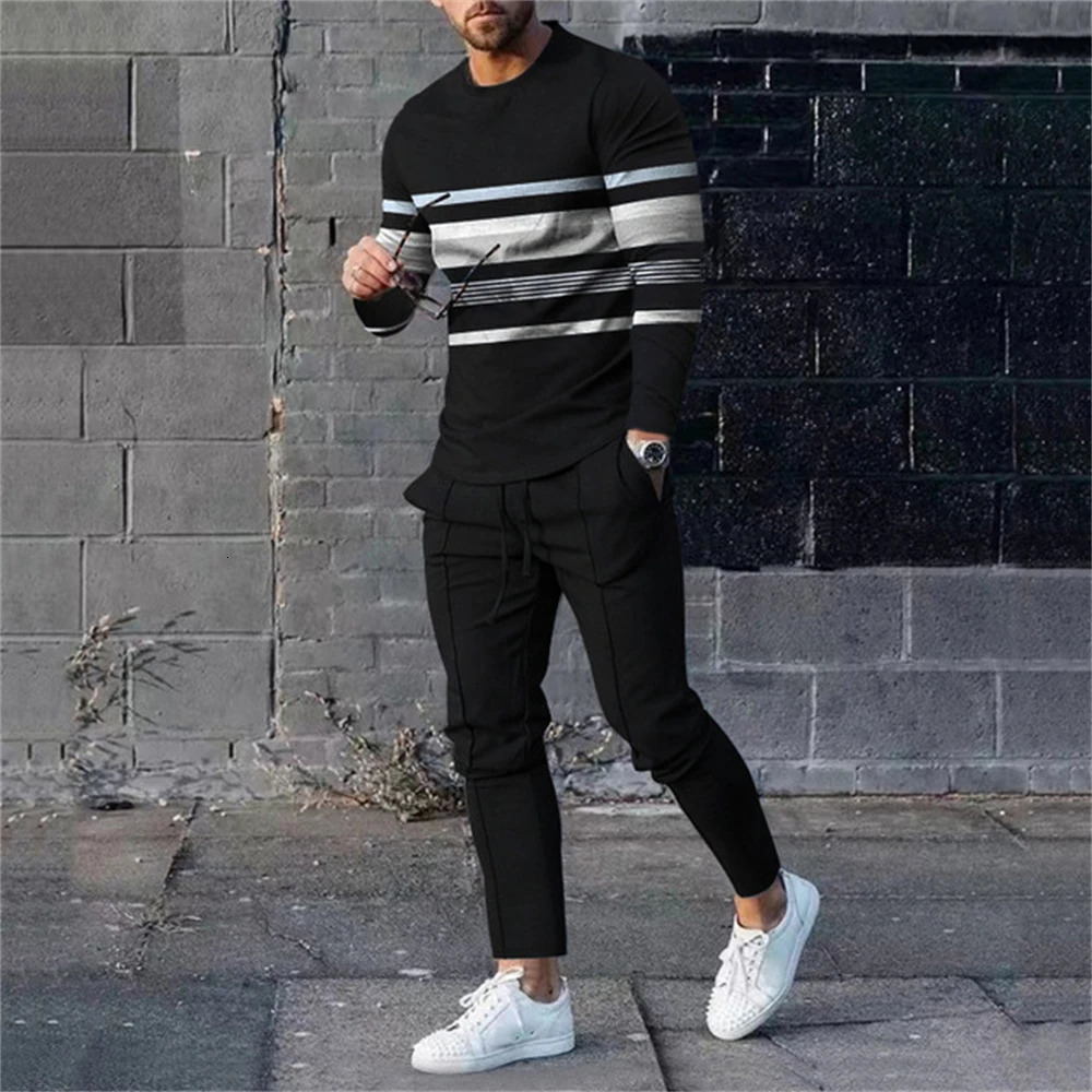 Summer mens track and field clothing 2-piece set trend O-neck long sleeved T-shirtpants oversized loose clothing sports style mens clothing 240930