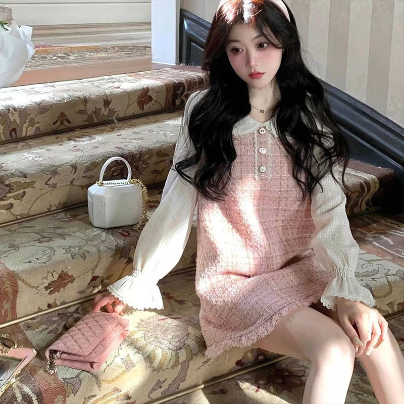 Korean style elegant womens party dress Kawaii Sweet Skirt pink tweed two sets holiday clothing spring summer 241011