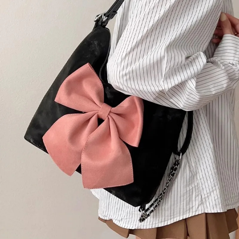 Xiuya Pink Bow Womens Shoulder Bag Korean Fashion Large Capacity Sweet Backpack Cute and Elegant Womens Handbag 241008