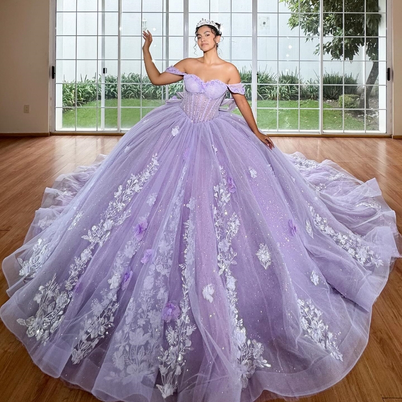 Lavender Shiny Quinceanera Dresses Ball Gown Off Shoulder Ral Applique Beads Tull Corset Sweet 16 Dress Vestido De 15 Anos