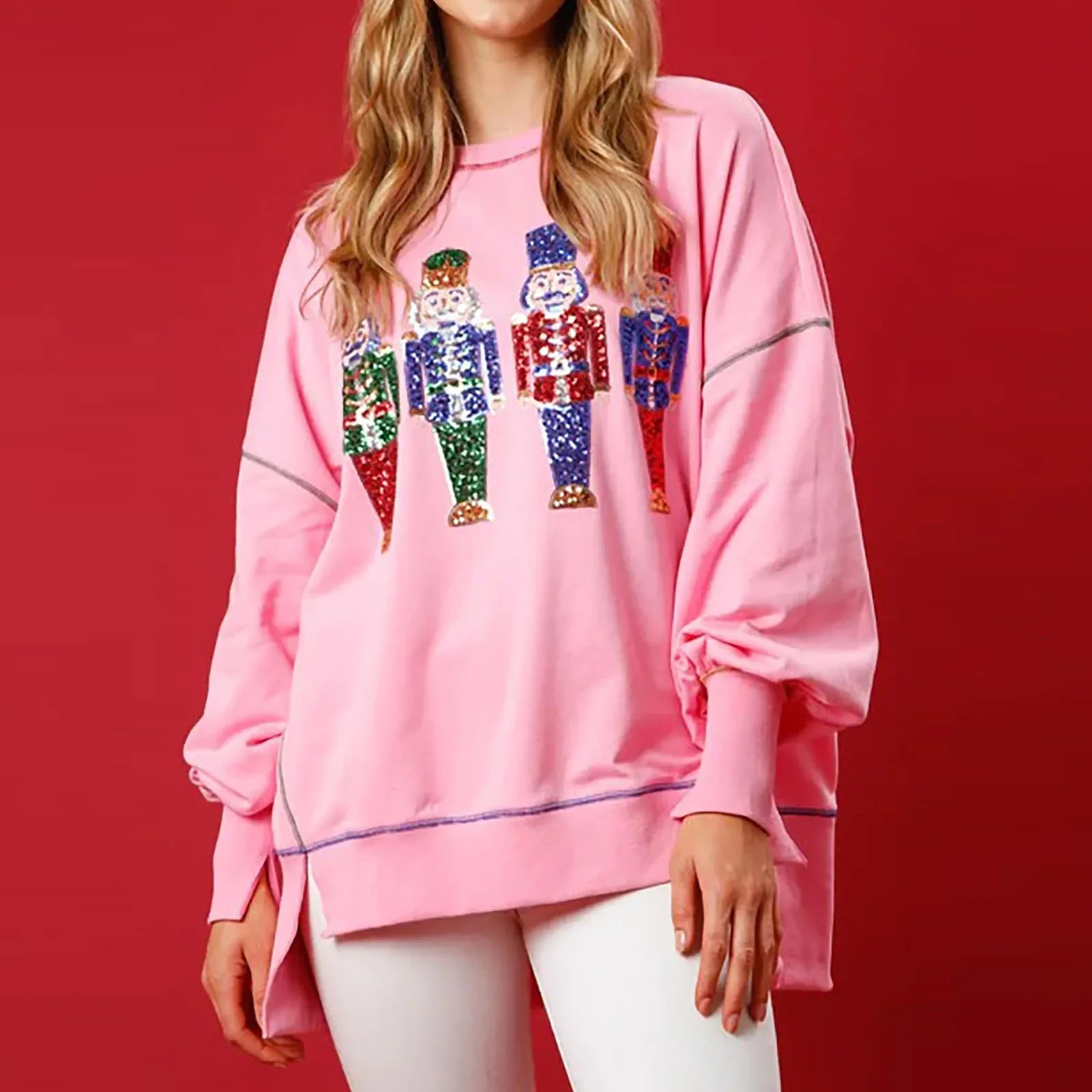 Imcute Women Cute Santa Sweatshirt Christmas Nutcracker Sequin Print Shirts Crewneck Long Sleeve Pullover Sweatshirts Tops 241011