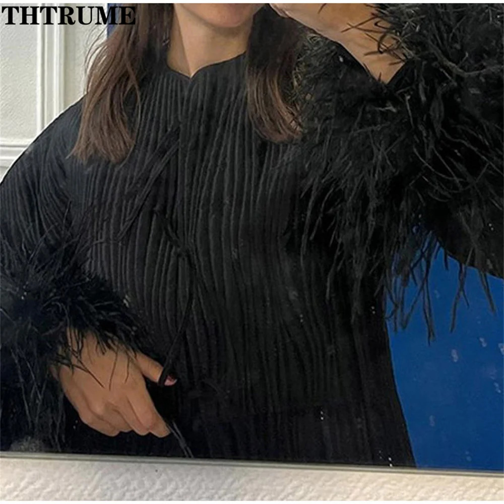 2024 Autumn Jackets Fashion Women Solid Spliced Feather Cuffs Lace Up ONeck Coats Casual Long Sleeve Elegant Chic Coat 241011