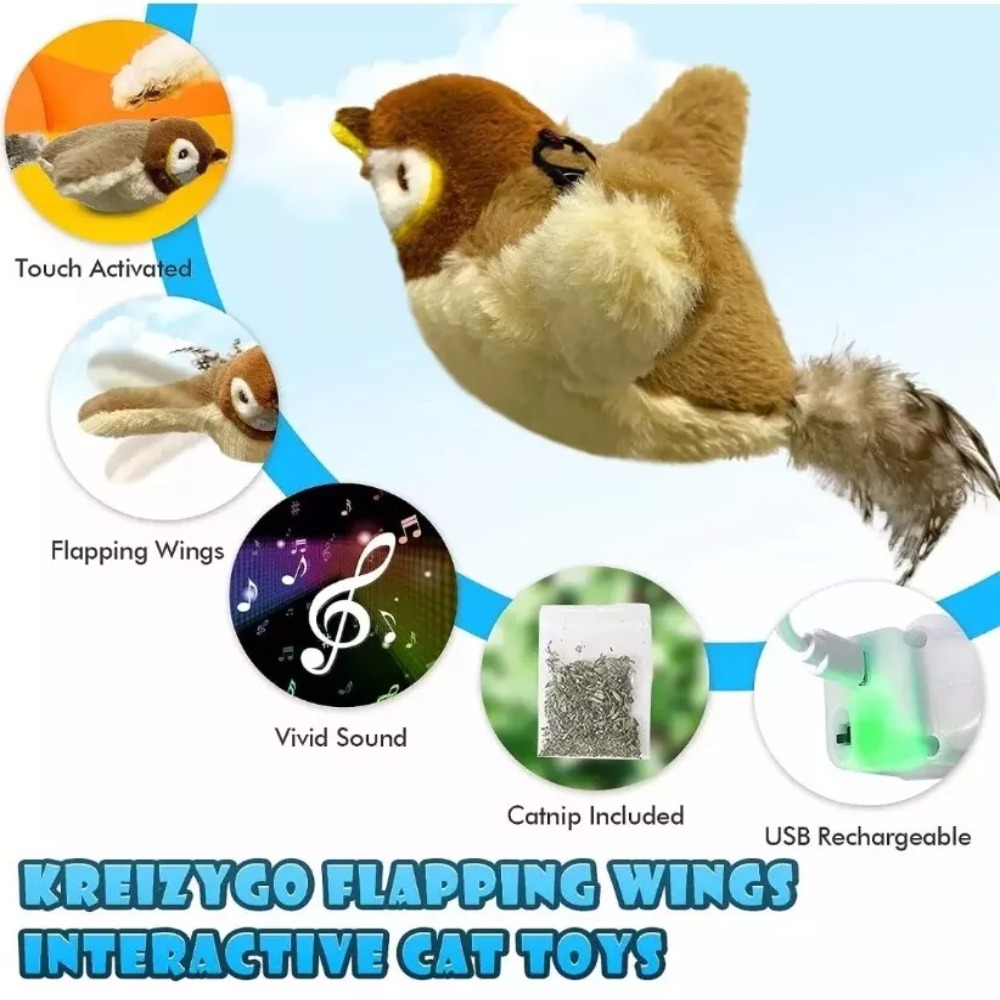Electronic Flapping Bird Sparrow Cat Toy USB Vivid Chirping Interactive Flying Bird Cat Toys Hangable Touch-Activated