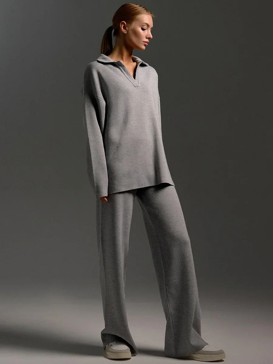 Bornladies Winter Thick Women Knitted Suits Cashmere Soft 2 Pieces Sets Female Polo Neck Sweater Wide Leg Pants Outfit 241011
