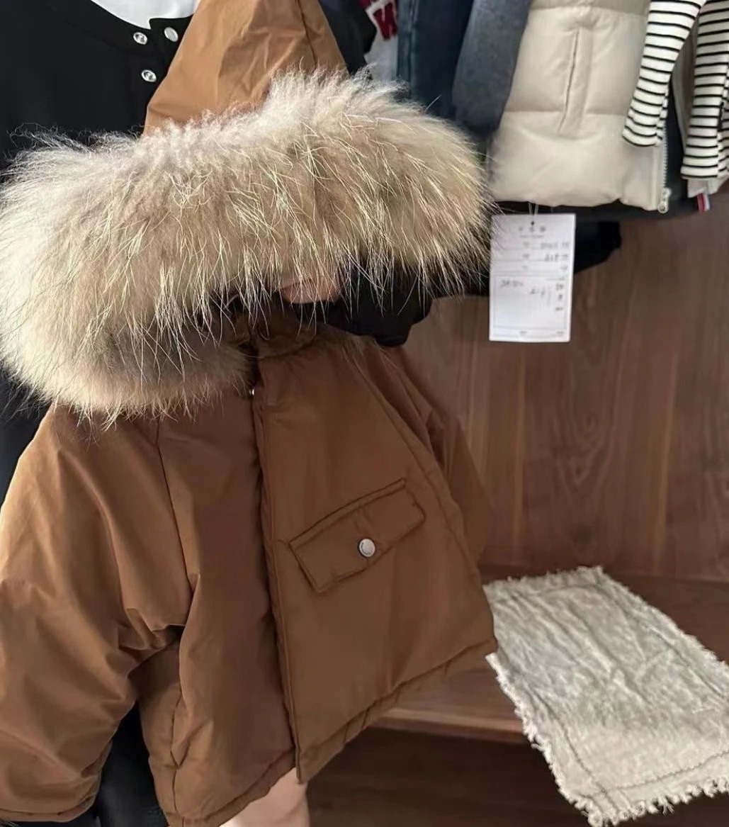 Coat Children Cotton Clothes Winter Boys Girls Fur Collar Hooded Tops Baby Personality Loose 2024 Warm Simple 241011