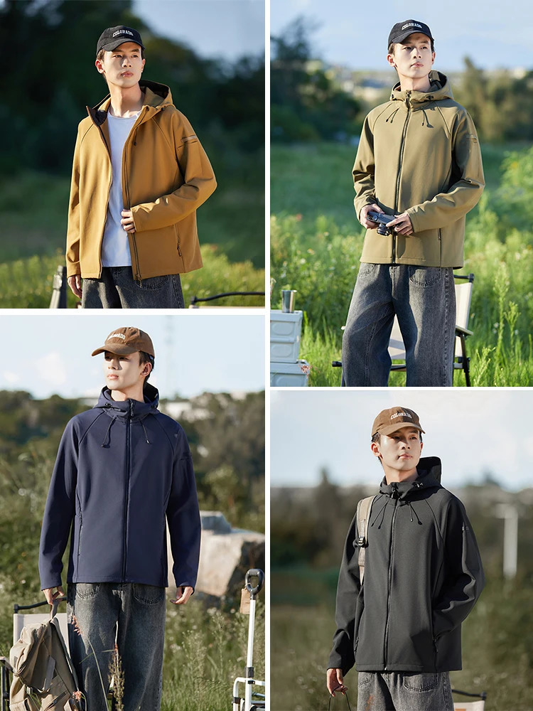 autumn and winter mens jacket with wool lining soft shell insulation waterproof windproof outdoor zipper pocket hooded 241011