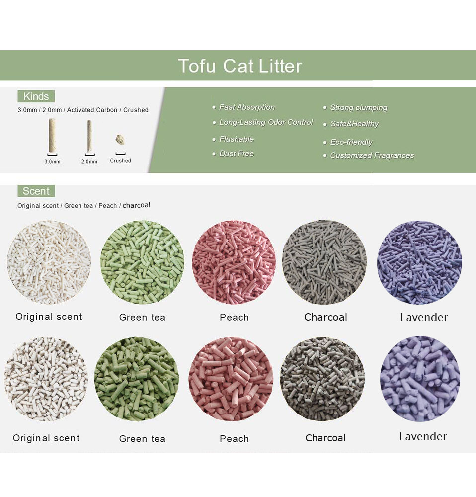 Factory customized 1.5 mm tofu litter cat litter flushable all-natural pea fiber tofu green tea cat litter