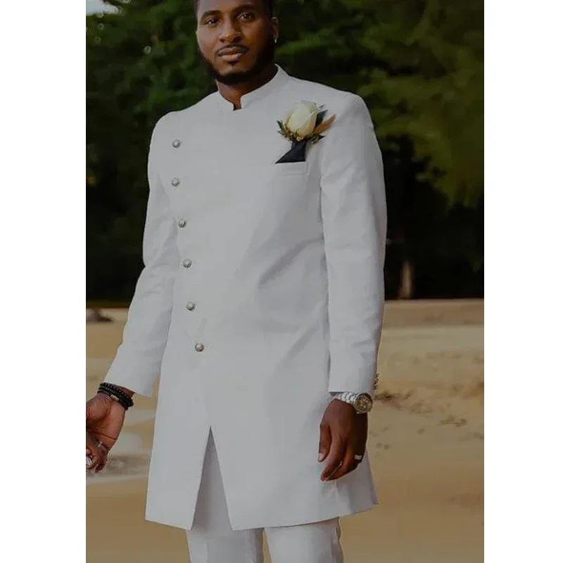 Formal Men Suits with Stand Collar 2 Pcs Fashion Long Jacket Pants Wedding Tuxedo for African Groom Male Fashion Costumes Custom