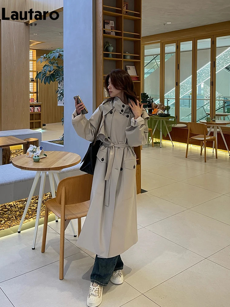 Lautaro Spring Autumn Long Oversized Light Khaki Trench Coat for Women with Hood Double Breasted Loose Casual Overcoat 2024 241008
