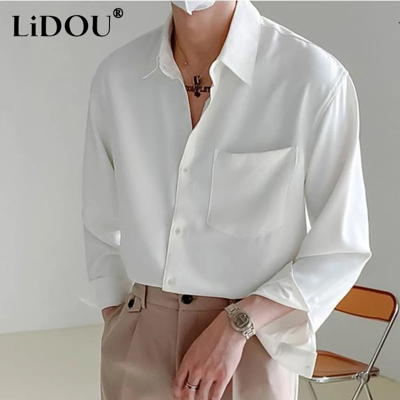 Spring and autumn fashion high-end mens shirt long sleeved simple casual chic shirt loose dress solid color fully matched mens top 241010