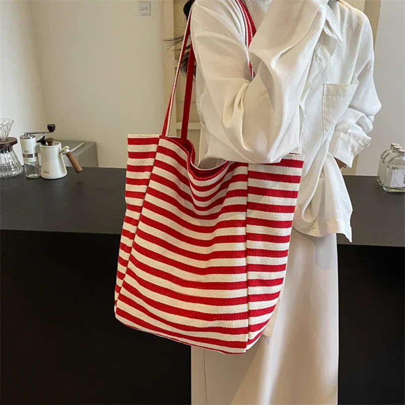 YOUDEYISI red striped canvas shoulder bag Korean style travel beach bag double-sided shopping handbag 241008