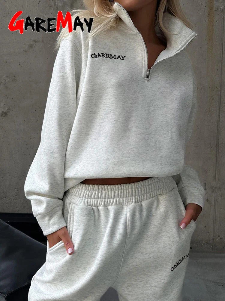 Autumn womens sportswear with zipper oversized cotton white casual two-piece set classic womens sportswear 241007