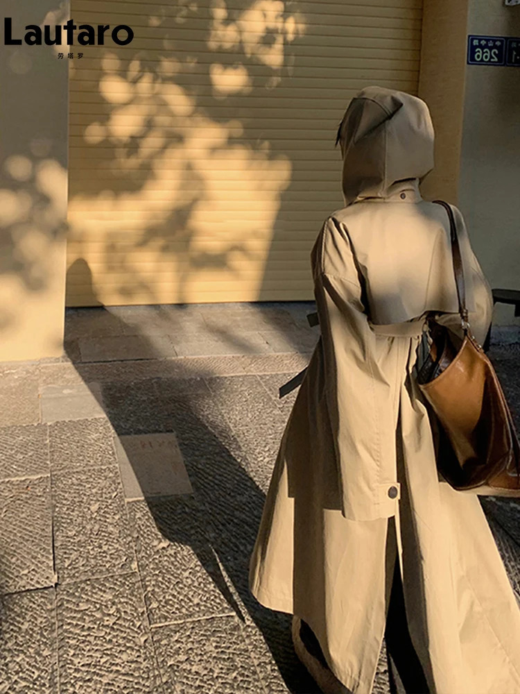 Lautaro Spring Autumn Long Oversized Light Khaki Trench Coat for Women with Hood Double Breasted Loose Casual Overcoat 2024 241008