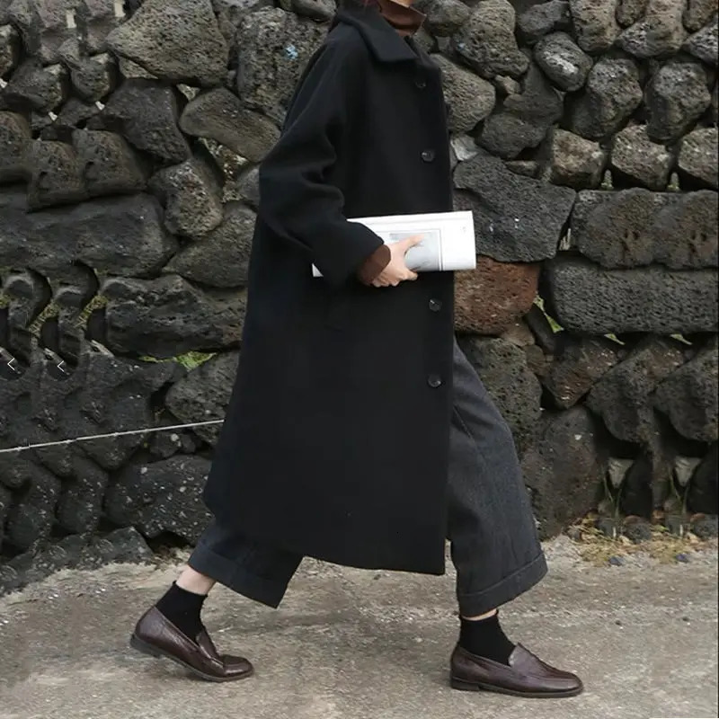 Women Wool Blends Long Coat Thickening Casual Fashion Warm Allmatch Single Breasted Slim Overcoat Turndown Collar Classic Chic 241008