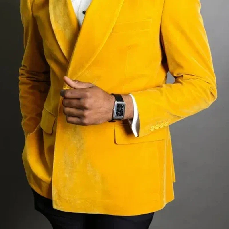 Double Breasted Velvet Suit Jacket for Men African 2024 Wedding Groom Tuxedo Blazer 1 Piece Fashion Yellow Smoking Jacket