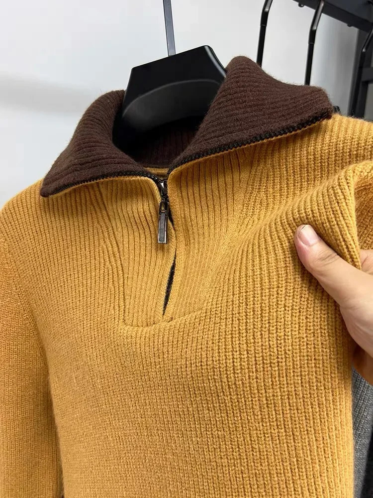 High end fashion mens half zipper sweater for autumn and winter casual fashion thick solid color high neck knitted sweater 241011