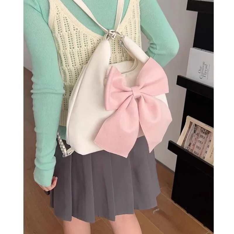 Xiuya Pink Bow Womens Shoulder Bag Korean Fashion Large Capacity Sweet Backpack Cute and Elegant Womens Handbag 241008