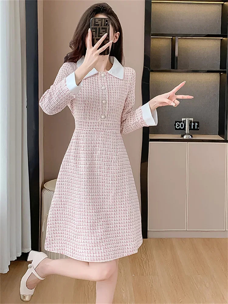 elegant pink coarse tweed womens clothing Korean fashion long sleeved lapel long sleeved wool A-line office womens dress Vestidos 241011