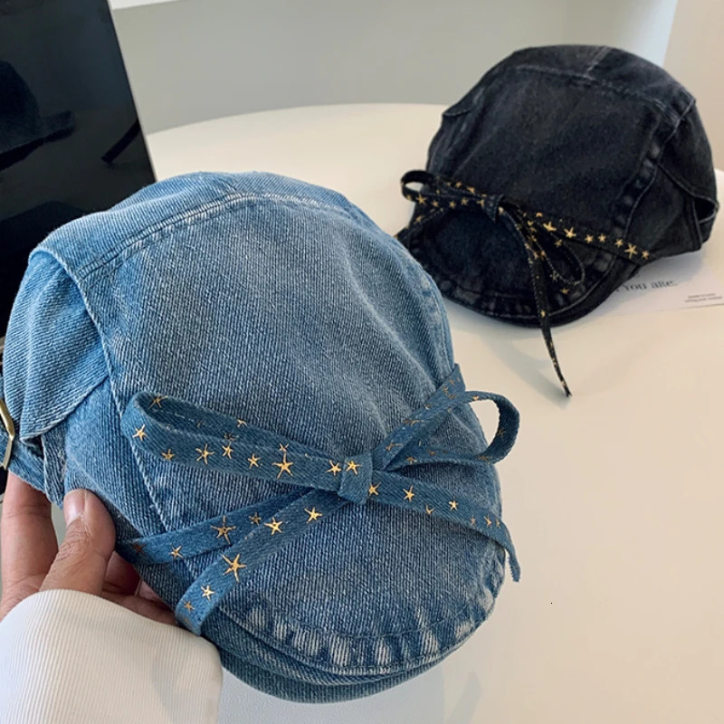 Original Bow Strap Berets Caps for Women Spring and Summer Travel Ins Versatile Sunscreen Retro Denim Forward Hats 241009