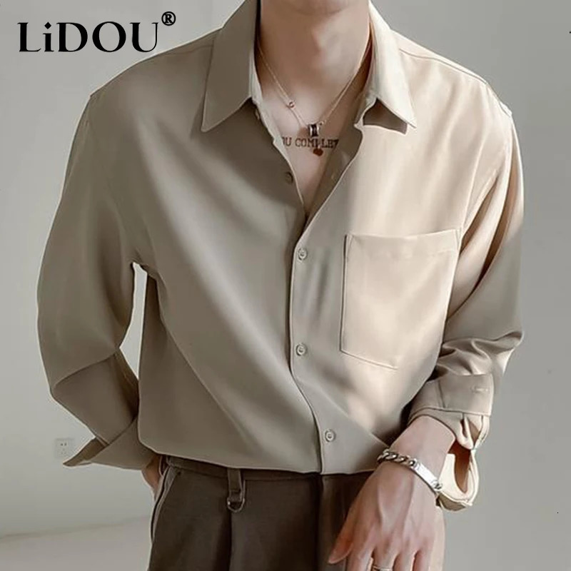 Spring and autumn fashion high-end mens shirt long sleeved simple casual chic shirt loose dress solid color fully matched mens top 241010