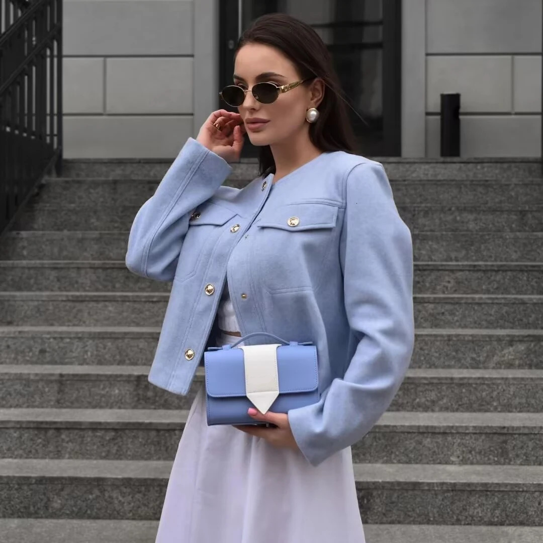 Taop Za womens clothing autumn and winter round neck long sleeved coarse woolen jacket smooth and versatile 240930