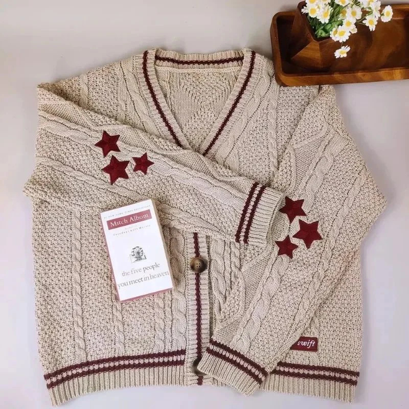 Black Knit Print Women Cardigan Korean Sweet Loose Star Long Sleeve Female Sweater Autumn Preppy Style V Neck Ladies Tops 241009