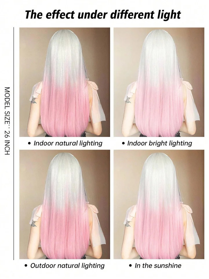 GEMMA Ombre Light Pink blonde long straight wig synthetic colored Lolita cosplay hair wig with bangs suitable for womens heat-resistant 241011