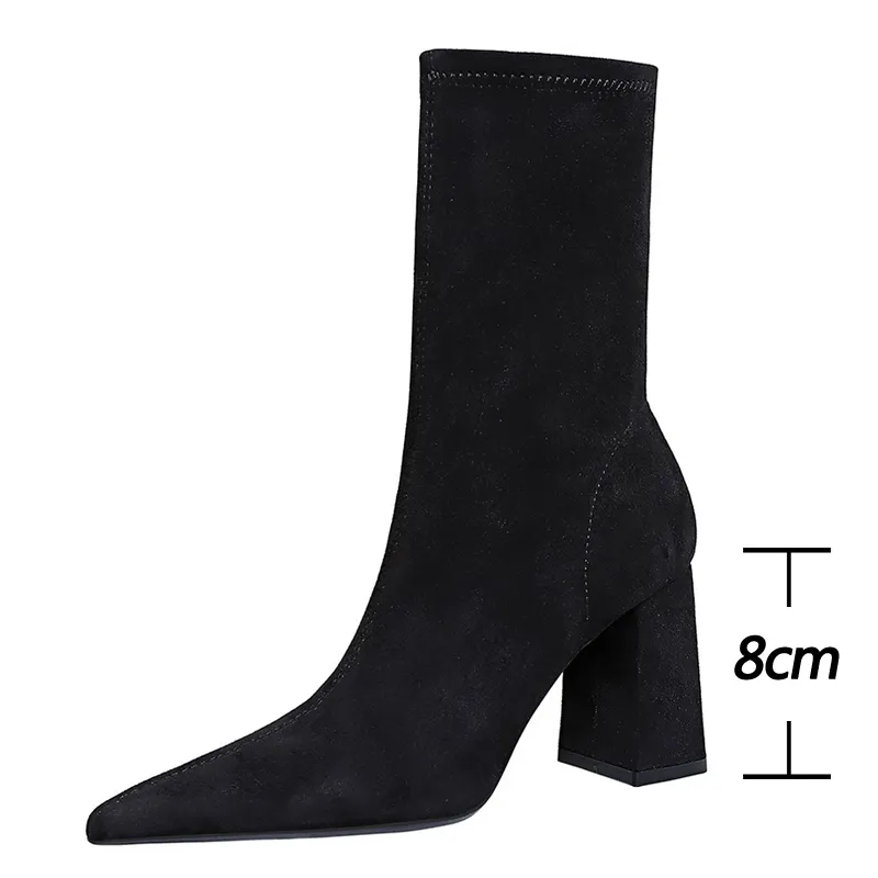 BIGTREE High Suede Ankle Pointed Toe Soc Thick Heel Women Shoes Warm Winter Boots Size 43