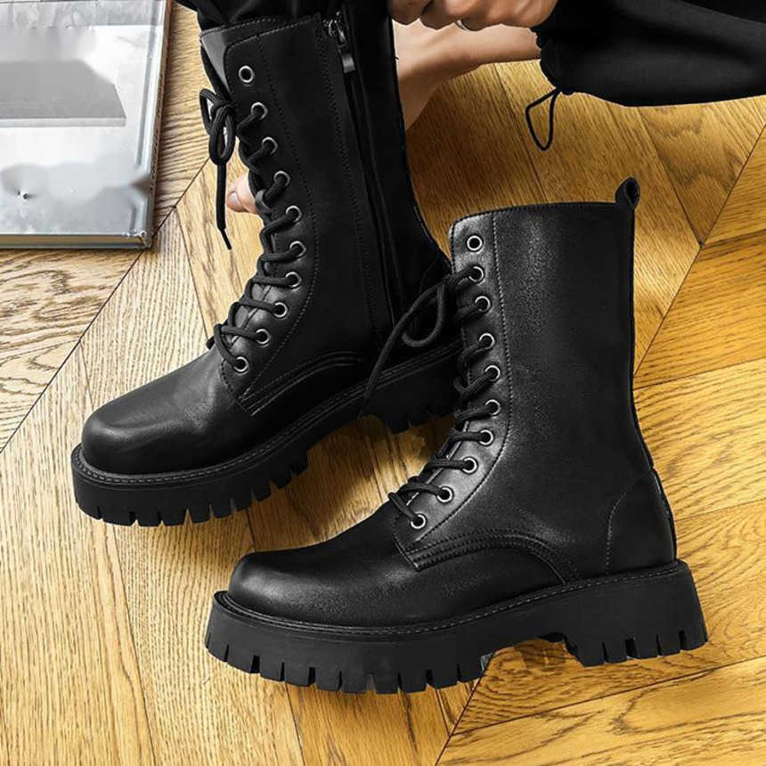 Martin Boot British Style Black Ankle Boots Mens Trendy Side Zipper Workwear Motorcycle Boots Korean Version Height Increasing Mid Top Boots Fashion B