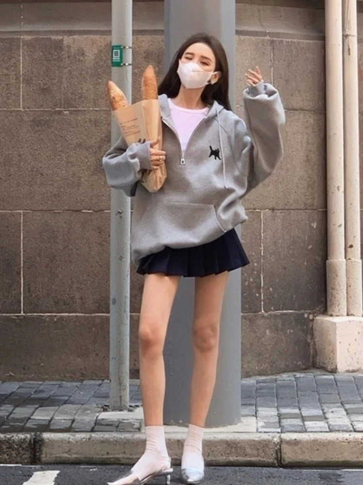 Korobov Grey Half Zipper Embroidered Hoodie Oversized Sports Casual Loose Wool Sweater Korean Fashion Ropa De Mujer 241007