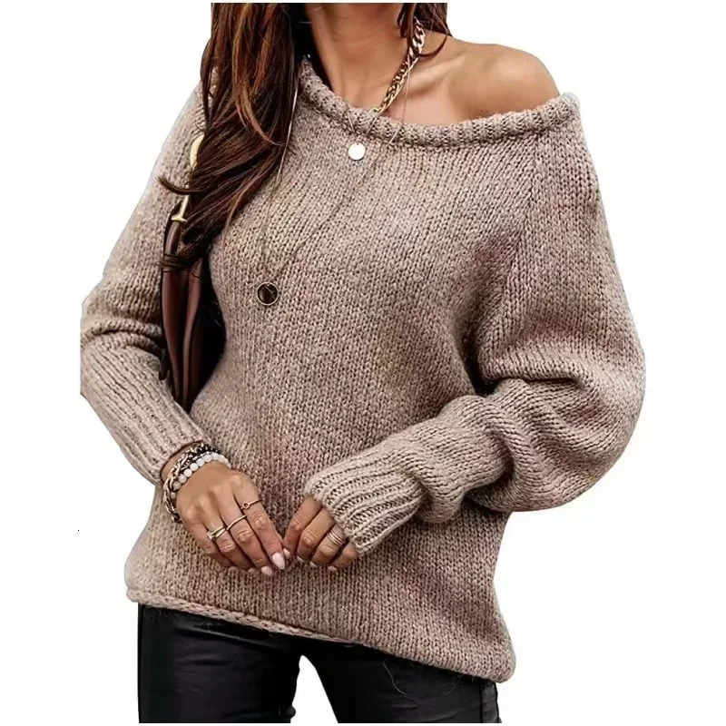 2024 Women Sweater Jumper Long Sleeve Off Shoulder Pullover Sweater Autumn Winter Solid Color O-Neck Knitted Top Elegant Chic 241010