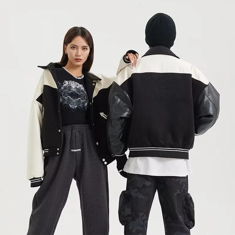 Mens baseball jacket retro patch work PU sleeves high street spring coat loose autumn racing motorcycle 241011