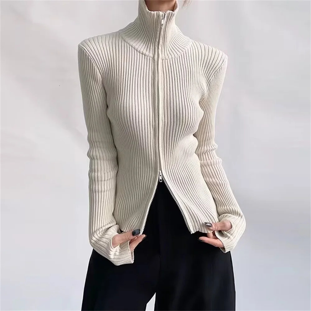 Fashion Korean Spring Women High Elastic Slim Knitted Cardigan Woman Zipper Turtleneck Knitwear Long Sleeve Sweater Coat 241009