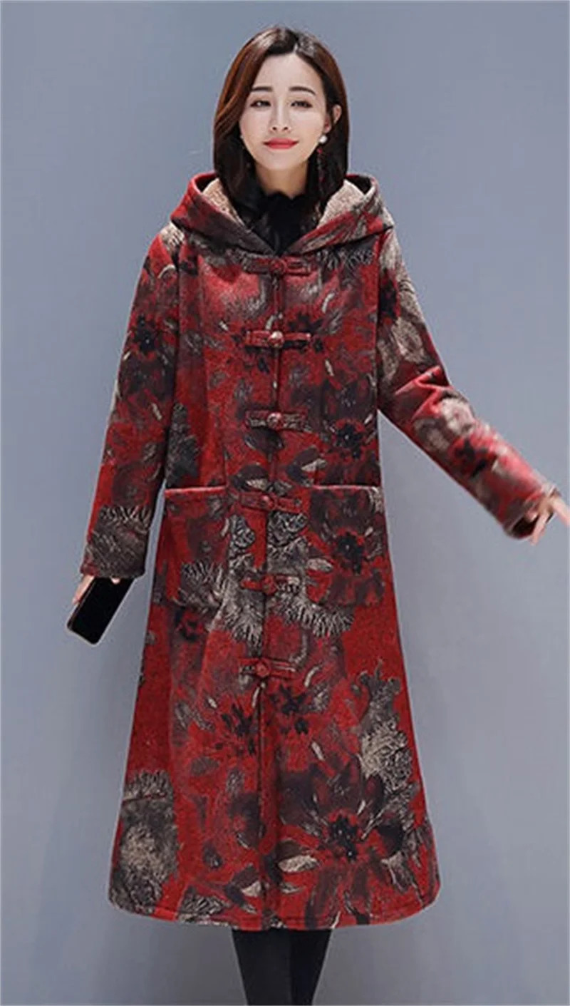 Winter clothing ethnic style button loose womens thick velvet thick warm jacket womens printed hooded wool coat 241007