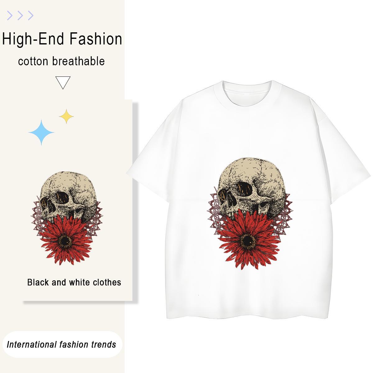 Casual New T Shirts Women 100% Cotton 230g Breathable Crew Neck Sports Casual skull Unisex Tshirts High quality Custom Cartoon Clothings