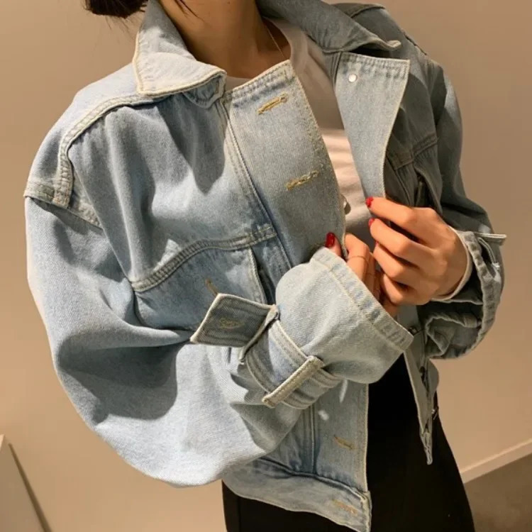Korean Fashion Womens Flip Collar Demin Jacket Casual Loose Fluffy Sleeves Crop Coat Womens Fashion Retro Jeans Top 241010