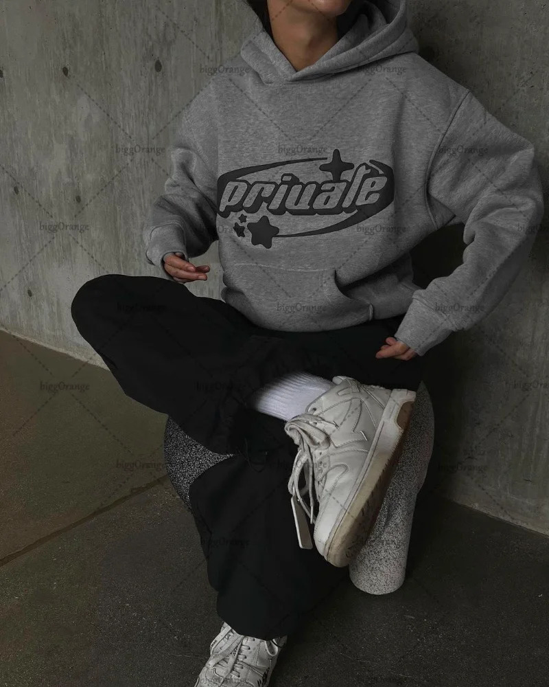 Solid color letter printing oversized handle mens Y2K street hip-hop Harajuku loose fit fully matched sweater top-level couple model 241007