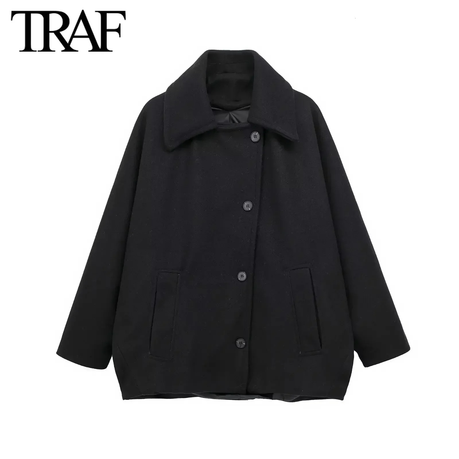 TRAF Women Fashion Autumn Winter Pocket Wool Blended Coat Jacket Long Sleeved Single Breasted Lapel Coats Chic Ladies Tops Mujer 240930