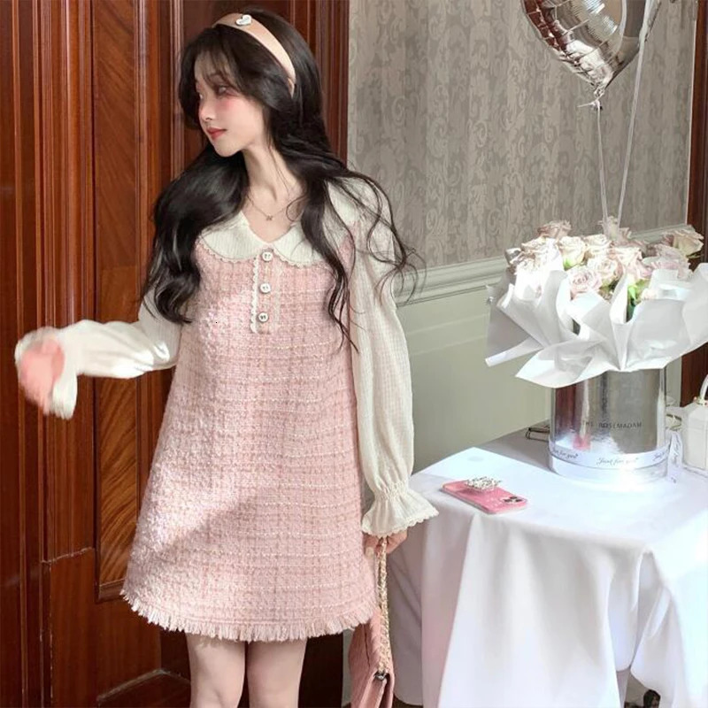Korean style elegant womens party dress Kawaii Sweet Skirt pink tweed two sets holiday clothing spring summer 241011