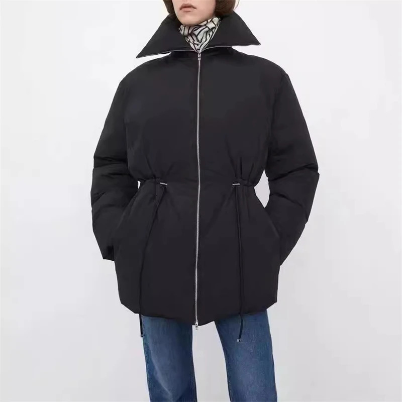 Winter Womens Black Brushed Waist Stand up Down Jacket Y2K High Quality Casual Thick Warm Jacket 241009