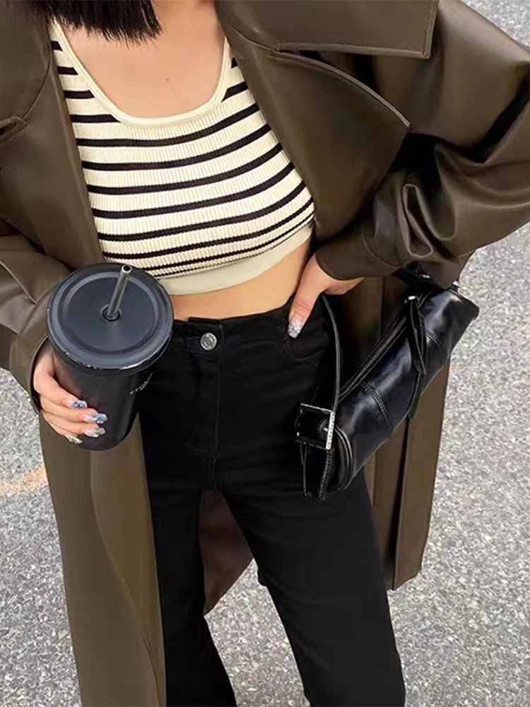 Leather Long Women Jacket Street Fashion Turndown Collar Female Jackets Autumn Winter Full Sleeve Belt Loose PU Coats 241011