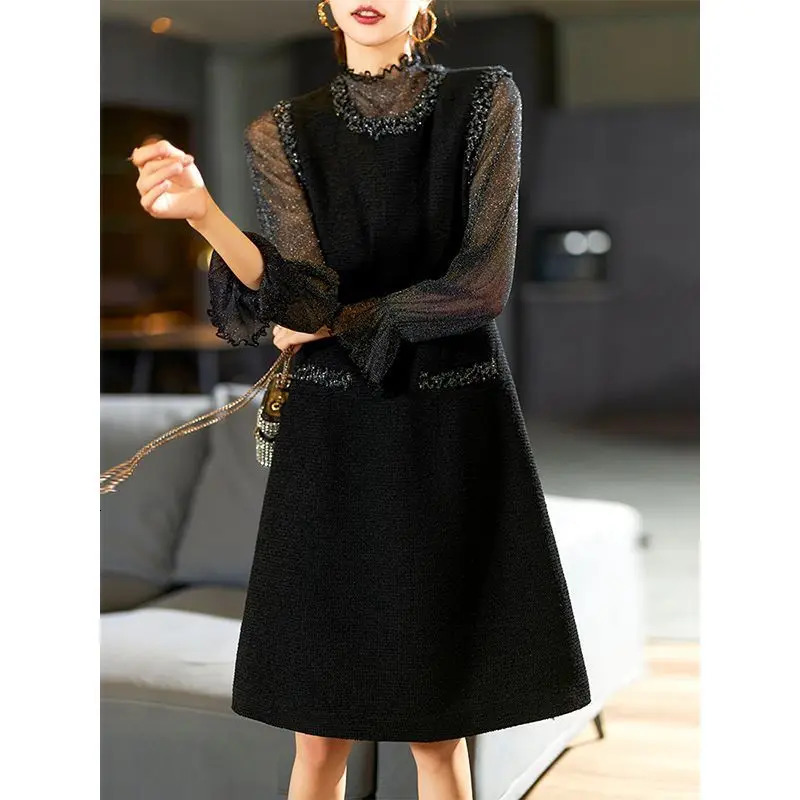 Autumn bright silk decal womens coarse tweed dress with pleated long sleeves elegant office ladies A-Line party Vestido 304P 241011