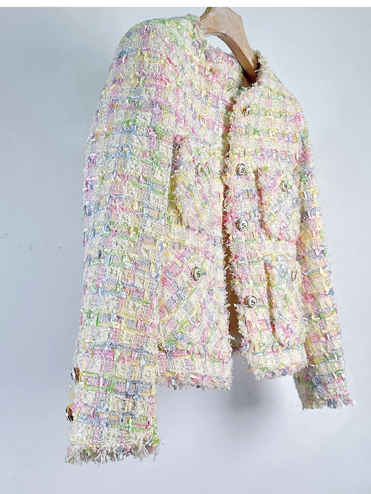 HighEnd Fall Winter y Elegant Woolen Tweed Jacket For Women AllMatch Plaid Pocket n Coats Female Casacos 241011