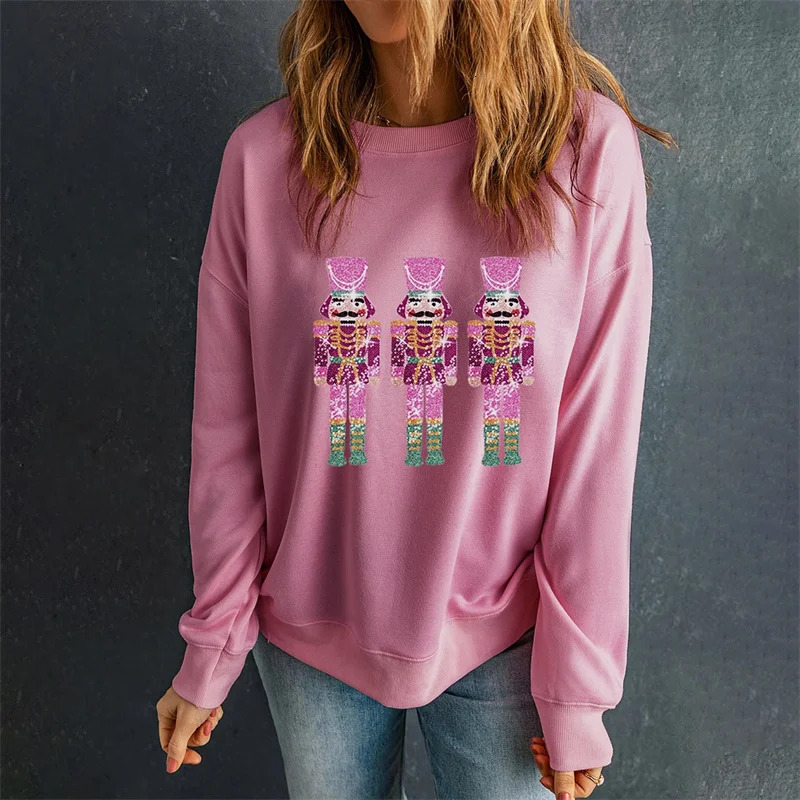 2024 Women Christmas Fashion Sequin Sleeve Top Sweatshirt Ladies 2024 Year Nutcracker Crew Neck Sweatshirt For Women 241011