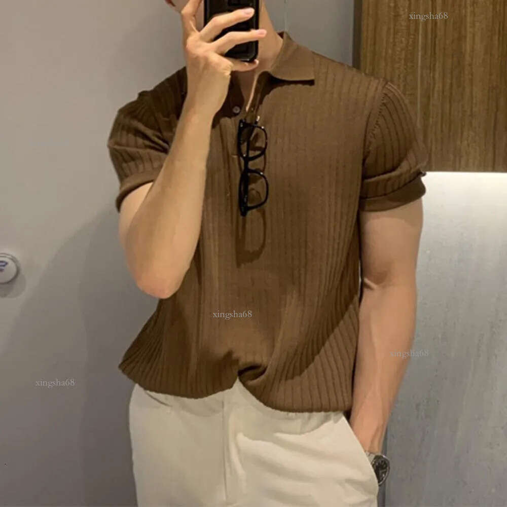 Men's T-Shirts Lapel Short Sleeve Buttons Half Placket Loose Men T-shirt Summer Solid Color Knitting Ribbed Shirt Top Streetwear 230606