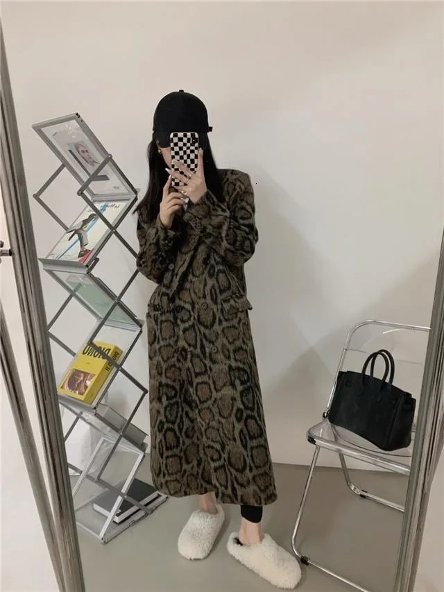 Double layer leopard print womens wool coat winter loose silhouette mid length wool coat trend 241007
